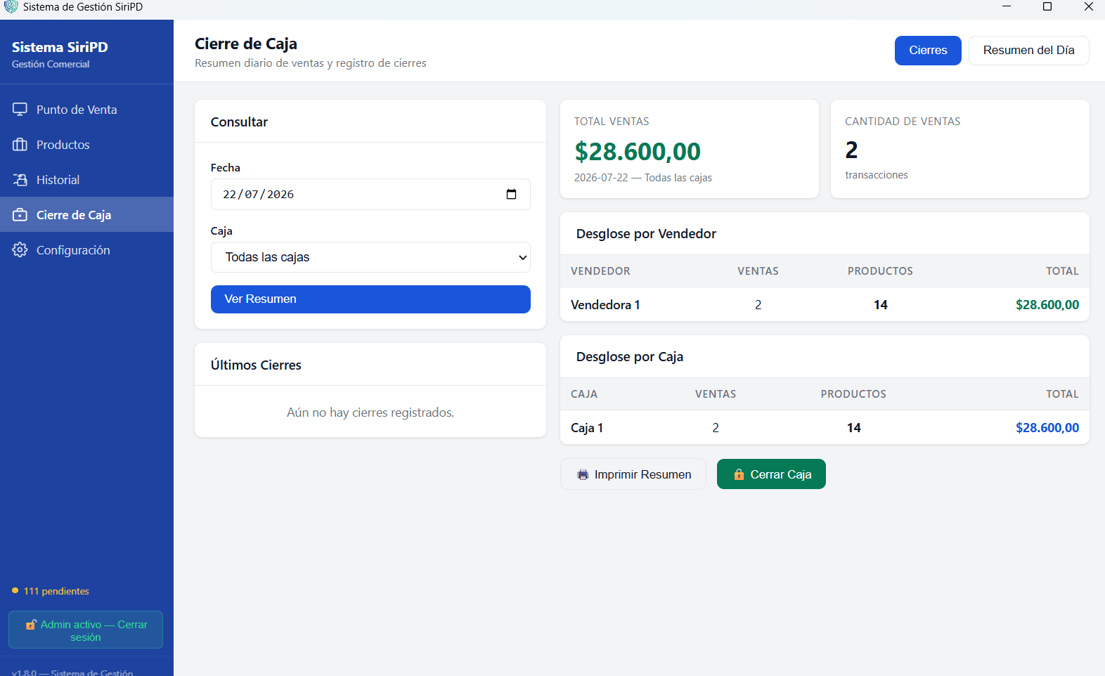 Pantalla de cierre de caja de SiriPD