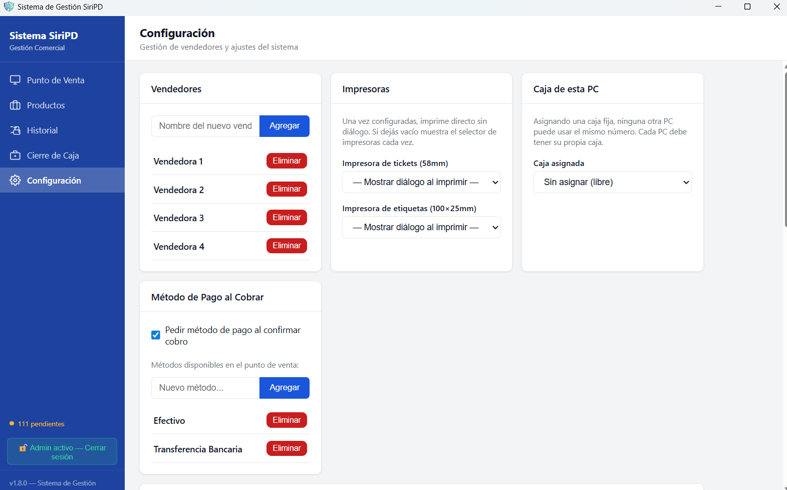 Panel de configuraciones y administración de SiriPD