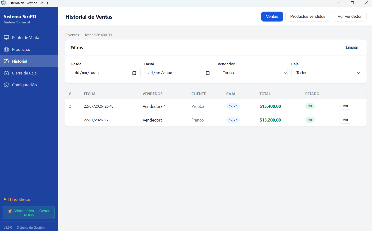 Historial de ventas de SiriPD